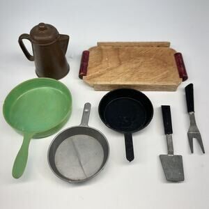 Lot Vintage Marx Doll Toy Camping Accessories Pitchers Frying Pan Tray Utensils